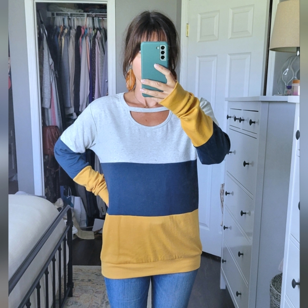 Minclouse Colorblock Cutout Choker Tunic Sweatshirt Top